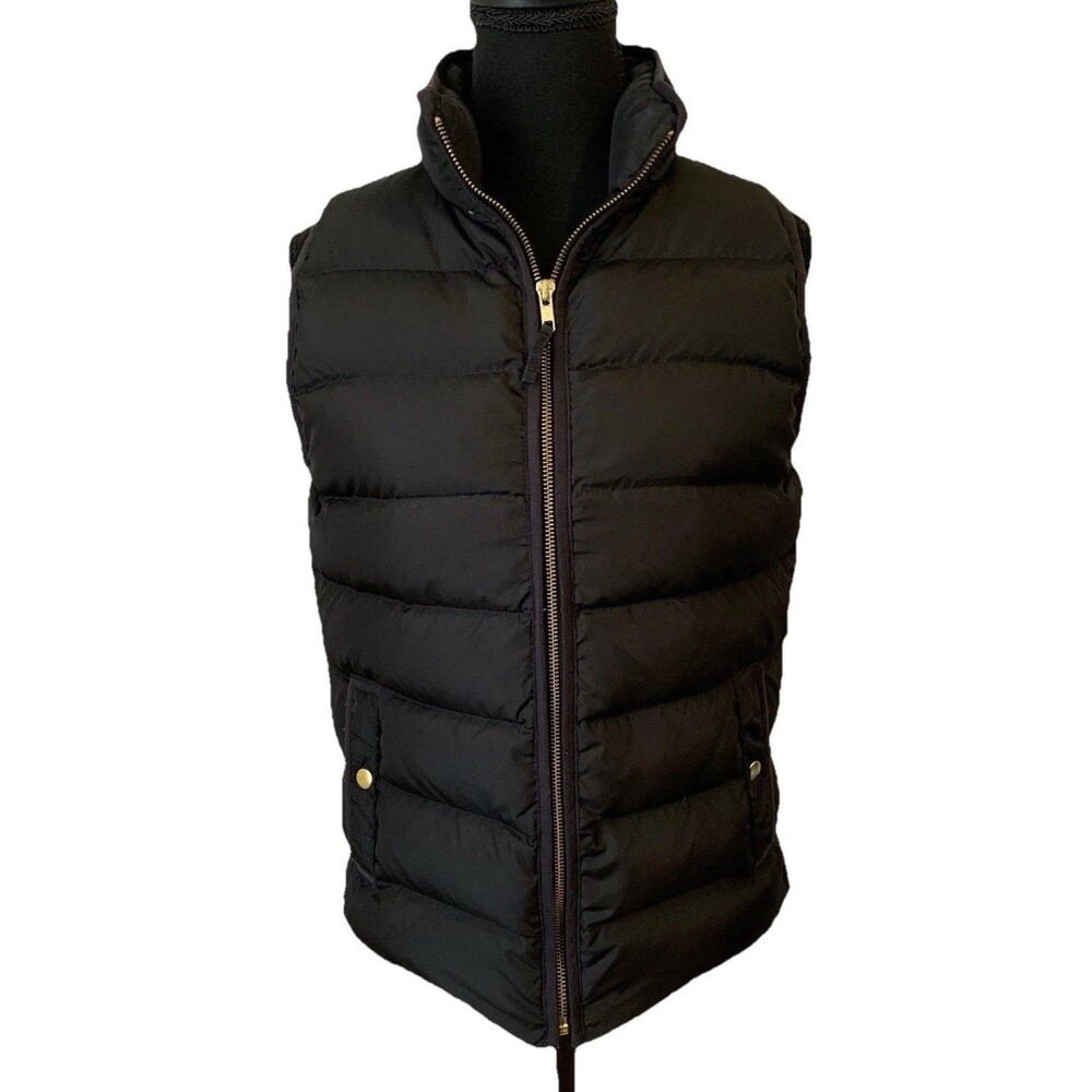 J Crew Down Filled Puffer Vest Womens S Black Quilted Preppy Old Money Gold Zip